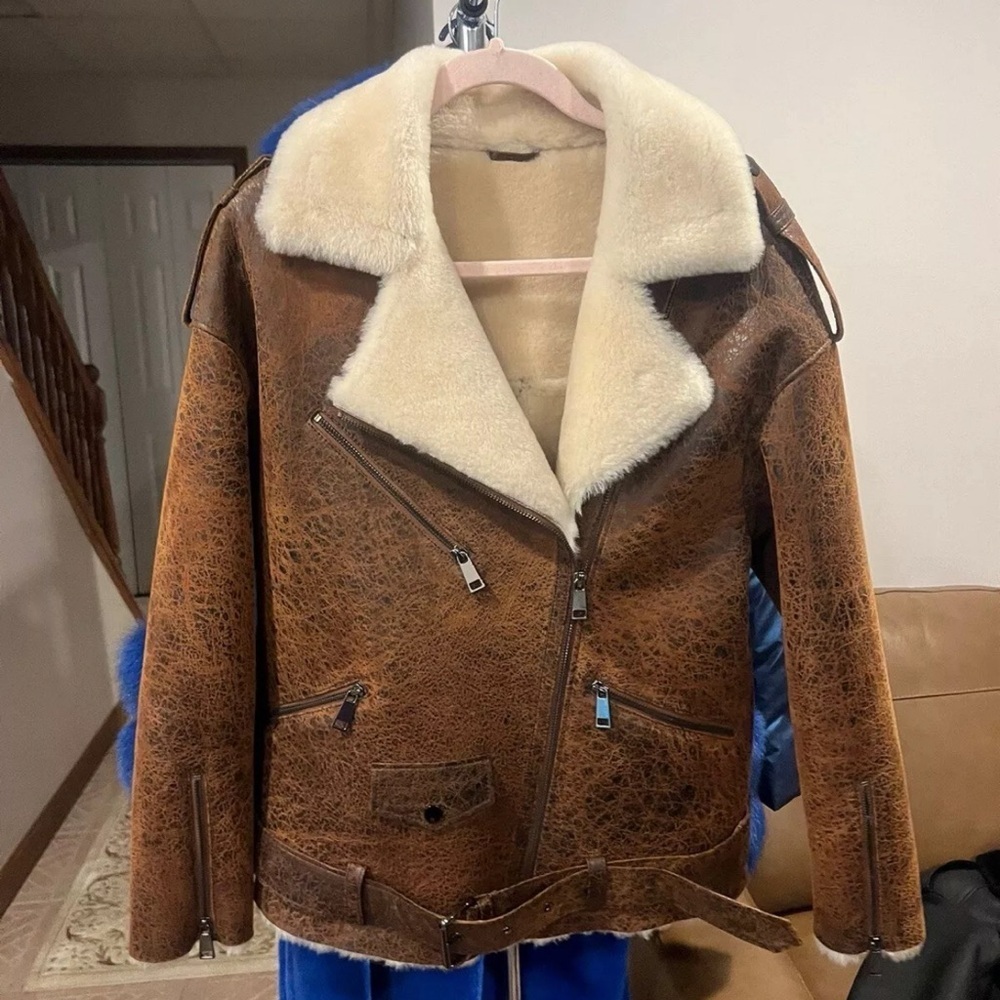 Women Real Sheepskin Flying Jacket Antique Brown Genuine Shearling Coat - Picture 4 of 6
